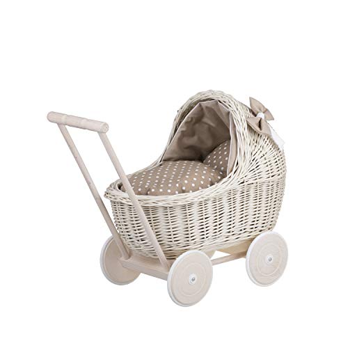 Puppenwagen aus Weide mit Bettwäsche perfekte Geschenkidee Korbpuppenwagen schöner Spielzeug aus Korbgeflecht Korbwagen für Puppen Spielzeug für Mädchen (Beige) von e-wicker24 Alles aus Weide