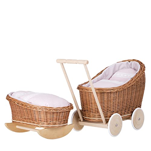 Puppenwagen und Puppenwiege aus Weide mit Bettwäsche (Pink) von e-wicker24