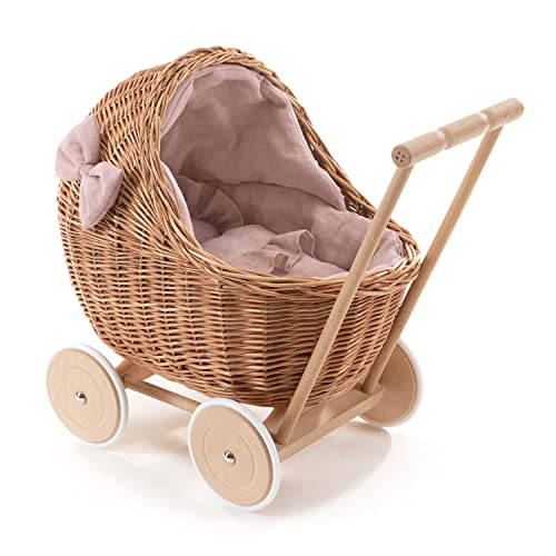 e-wicker24 DESAYER PUPPENWAGEN AUS WEIDE MIT LEINEN BETTWÄSCHE, Spielzeug AUS WEIDEN, NATÜRLICHE KINDERSPIELZEUG, EIN Geschenk FUR Kinder (Rosa), 48x28 H47 von e-wicker24