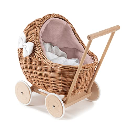 e-wicker24 DESAYER PUPPENWAGEN AUS WEIDE MIT LEINEN BETTWÄSCHE, Spielzeug AUS WEIDEN, NATÜRLICHE KINDERSPIELZEUG, EIN Geschenk FUR Kinder Weiß 48x28 H47 von e-wicker24