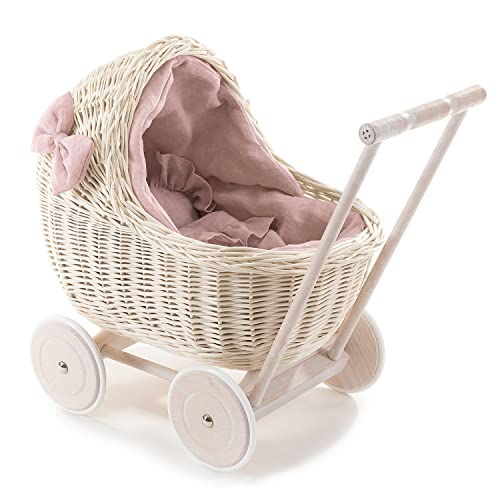 e-wicker24 DESAYER PUPPENWAGEN AUS WEIDE MIT LEINEN BETTWÄSCHE, Spielzeug AUS WEIDEN IN BEIGE, NATÜRLICHE KINDERSPIELZEUG, EIN Geschenk FÜR EIN Kind (rosa), 48x28 H47 von e-wicker24