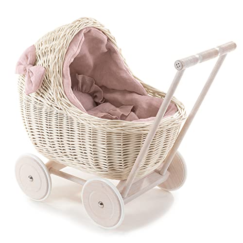 e-wicker24 DESAYER PUPPENWAGEN AUS WEIDE MIT LEINEN BETTWÄSCHE, Spielzeug AUS WEIDEN IN BEIGE, NATÜRLICHE KINDERSPIELZEUG, EIN Geschenk FÜR EIN Kind (rosa) von e-wicker24