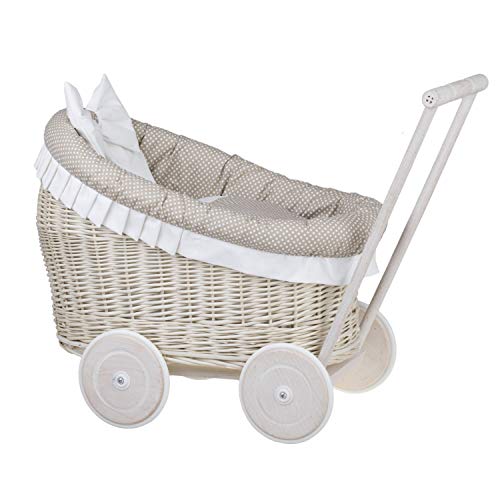 e-wicker24 Alles aus Weide Puppenwagen aus Weide mit Bettwäsche perfekte Geschenkidee Korbpuppenwagen schöner Spielzeug aus Korbgeflecht Korbwagen für Puppen Spielzeug für Mädchen (Creme, Beige) von e-wicker24 Alles aus Weide