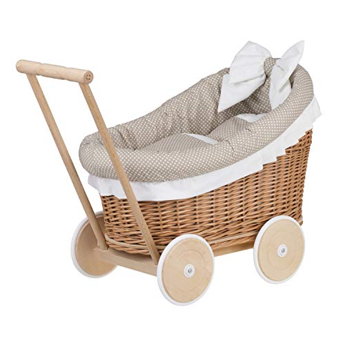 e-wicker24 Alles aus Weide Puppenwagen aus Weide mit Bettwäsche perfekte Geschenkidee Korbpuppenwagen schöner Spielzeug aus Korbgeflecht Korbwagen für Puppen Spielzeug für Mädchen (Natur, Beige) von e-wicker24 Alles aus Weide