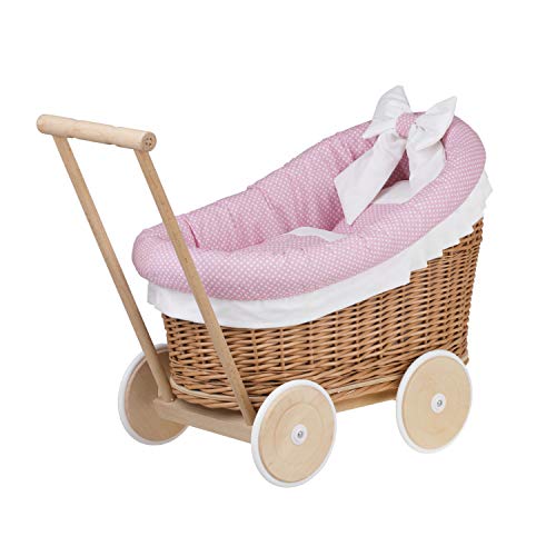 e-wicker24 Alles aus Weide Puppenwagen aus Weide mit Bettwäsche perfekte Geschenkidee Korbpuppenwagen schöner Spielzeug aus Korbgeflecht Korbwagen für Puppen Spielzeug für Mädchen (Natur, Pink) von e-wicker24 Alles aus Weide