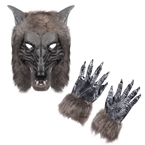 eBoutik - Halloween Werwolf Maske & Wolf Krallen / Pfoten Handschuhe - Erwachsene Gruseliges Spukkostüm - Haarige Furry Latex Wolf Overhead Maske von eBoutik