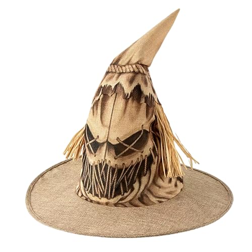 eBoutik Novety Halloween-Vogelscheuche Hexenhut – Jutesack-Stil, Horror-Maske mit Strohhaar, gruseliges Cosplay-Kostüm, Kopfbedeckung mit Horror-Gesicht von eBoutik