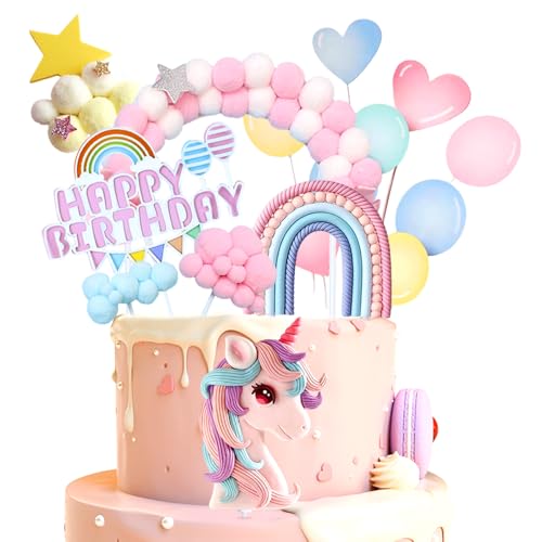2025 Neu Einhorn Tortendeko Geburtstag, 16 StückEinhorn Cake Topper Set, Tortendeko Einhorn, Regenbogen Einhorn Happy Birthday Tortendeko, Einhorn Deko Kindergeburtstag, Kuchen Deko für Kinder Mädchen von ePicsoa