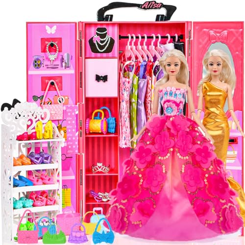 105 Pcs Puppe Traum Schrank Garderobe Kleidung Spiel Set für 11.5 Zoll Mädchen Puppe einschließlich Schrank, Schuhe Rack, Kleid, Schuhe und anderes Zubehör (Keine Puppe) von ebuddy