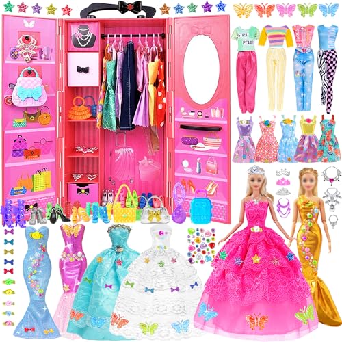 108-teiliges Puppentraum-Schrank, Kleiderschrank, Puppe, Kleidung und Zubehör für 29.2 cm große Puppen, modisches Design-Set, für Mädchen, Puppen, Verkleidung, Halsketten, Aufkleber 108-teiliges Puppentraum-Schrank, Kleiderschrank, Puppe, Kleidung und Zubehör für 29.2 cm große Puppen, modisches Design-Set, für Mädchen, Puppen, Verkleidung, Halsketten, Aufkleber von ebuddy