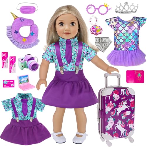 ebuddy 25-teiliges Reisekoffer-Spielset, Puppenkleidung, Kleiderzubehör für 45,7 cm große Puppen, inklusive Gepäck, Kamera, Computerbrille, Kissen (keine Puppe) von ebuddy