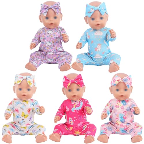 5 Sets Verschiedene Gedruckte Design Mode Baby Puppe Kleidung Strampler mit Stirnband für 43cm / 17 Zoll Neugeborene Babypuppen (Keine Puppe) von ebuddy