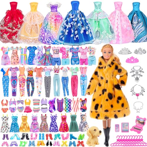 50 Stück 29,2 cm große Mädchenpuppe mit Kleidungs-Accessoires umfassen 1 Pelzmantel, 2 Prinzessinnenkleider, 4 modische Kleider, 5 Slip-Kleider, Outfits, Badeanzüge, Schuhe, von ebuddy