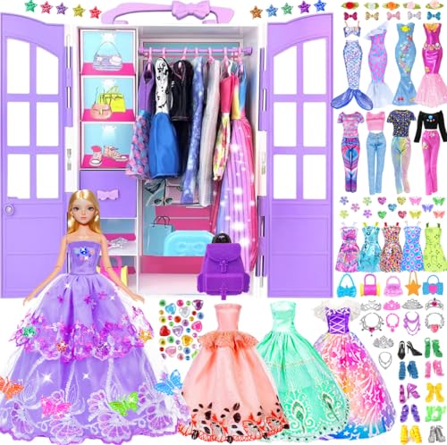 94pcs Puppenkleidung und Zubehör mit Puppe Kleiderschrank für 11.5 Zoll Mode Mädchen Puppe Dress Up Inklusive Lange Prinzessin Kleid Outfits und Schuhe Handtaschen Halsketten DIY Perlen Aufkleber von ebuddy