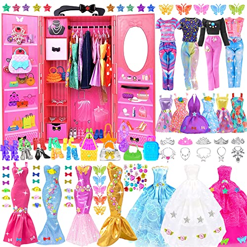 ebuddy 146pc Puppe Traum Kleiderschrank und Puppenzubehör für 11.5 Zoll Puppe Mode Design Kit Mädchen Puppe Dress Up Inklusive Brautkleid Outfits Schuhe Kleiderbügel Taschen Halsketten Aufkleber von ebuddy