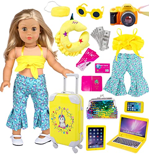 25-teiliges gelbes 45,7 cm Puppenspielset, Puppenkleidung und Zubehör, inklusive Gepäck, Kamera, Computerbrille, Kissen usw. (keine Puppe) von ebuddy