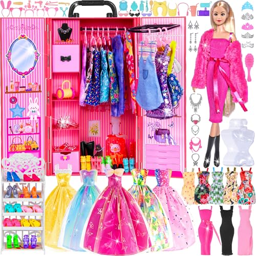 ebuddy 104-teiliges Modepuppen-Kleiderschrank-Spielset mit beweglicher 29,2 cm Puppe und 104 Zubehörteilen | ASTM-zertifiziertes Geschenk-Set für Mädchen ab 3 Jahren (Rose Red) von ebuddy