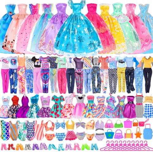 ebuddy 49-teiliges Puppenkleidungs- und Zubehörset für 11,5-Zoll-Mädchenpuppen enthält 3 Lange Kleider, 4 Oberteile, 4 Hosen, 3 Bikinis, 5 Kurze Kleider, 10 Schuhe, 10 Handtaschen, 10 Kleiderbügel von ebuddy