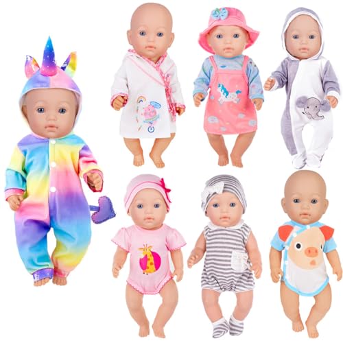 ebuddy 7 Sätze Puppenkleidungszubehör für 43 cm / 17 Zoll Neugeborene Babypuppen umfassen Strampler im Cartoon-Stil, Kleid, Nachthemd und Hut von ebuddy