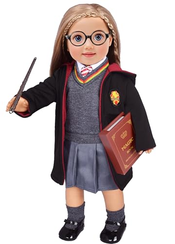 ebuddy Hermine Granger inspirierte Puppen-Kleidung Schuhe für American Girl Puppen: 10-teiliges Hogwarts-Uniform-Set mit imitiertem Zauberbuch von ebuddy