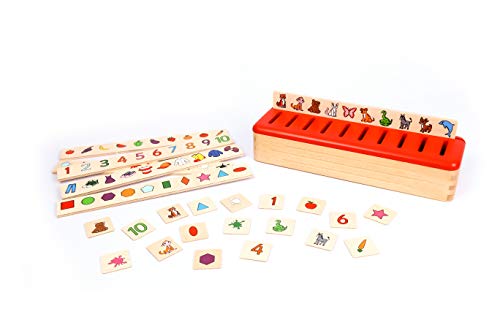 edu fun 31100 Puzzle Sortierbox Motorik-Spielzeug Sortierkasten mit Deckel Holzspielzeug Lernspielzeug Holzpuzzle Spielzeug aus Holz 100 Teile 10 Kategorien Tiere Formen Kleidung Früchte Zahlen von edu fun