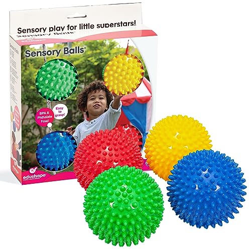 Edushape Sensory Opaque Sensory Ball Packung mit 4 farbenfrohen und einzigartig texturierten 10-cm-sensorischen Bällen - Verbessert die grobmotorischen Fähigkeiten für Kinder ab 6 Monaten von Edushape