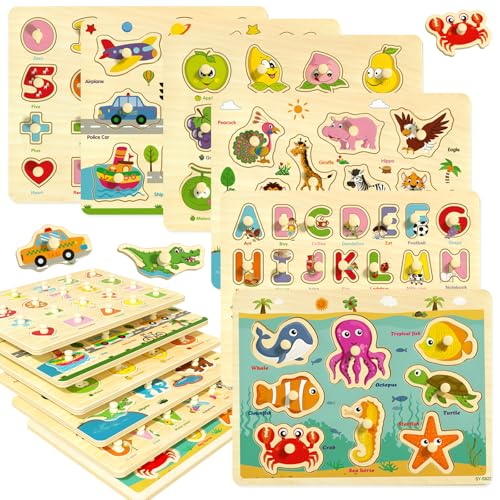 edutree Hölzerne Steckpuzzle für Kleinkinder 2-4, 6 Pack pädagogische Peg Puzzles Montessori Spielzeug, Lernen Puzzles für Kinder Mädchen Jungen 1-3 3-5 mit Alphabet Zahl Tier Fahrzeug Form edutree Hölzerne Steckpuzzle für Kleinkinder 2-4, 6 Pack pädagogische Peg Puzzles Montessori Spielzeug, Lernen Puzzles für Kinder Mädchen Jungen 1-3 3-5 mit Alphabet Zahl Tier Fahrzeug Form von edutree