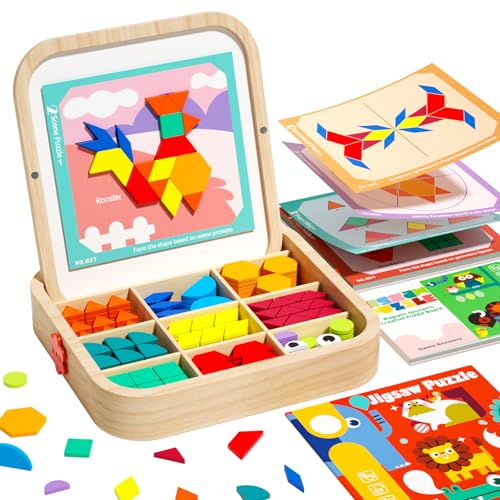 edutree Magnetisches Holzpuzzle Musterbausteinset mit Karten, 288 Stück Montessori Spielzeug ab 4 Jahre, Lernendes Pädagogisches STEM Tangram für Kinder Jungen Mädchen im Alter von 5 6 7 8 9 von edutree