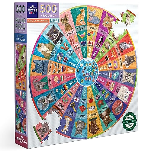 eeBoo Piece & Love: Cats of The World – 500 Teile Puzzle – Erwachsenen-Puzzle, rund, 58,4 cm Durchmesser, inklusive Bildreferenzeinsatz, glänzende Teile von eeBoo Piece & Love