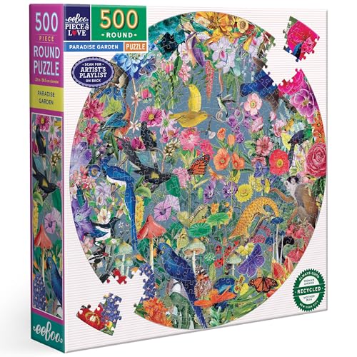 Eeboo - Rundes Puzzle, 500 Teile, Paradiesgarten, Puzzle für Erwachsene, aus Karton, rundes Format, Illustrationen von Blumen und Vögeln, Durchmesser 58,5 cm von eeBoo