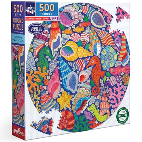 Eeboo Rundes Puzzle mit 500 Teilen, Seepferdchen, Muscheln und Korallen – Puzzle für Erwachsene aus Karton – rundes Format – illustrierte Meereswelt – Durchmesser 58,5 cm von eeBoo