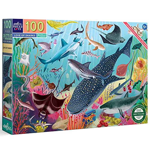 eeBoo Love of Sharks 100-teiliges Puzzle mit Poster für Kinder, 68,6 x 45,7 cm, ab 5 Jahren. von eeBoo