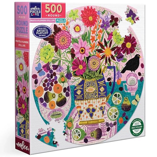 eeBoo Piece & Love: Obst & Blumen – 500 Puzzleteile – Erwachsene, rund, 53 Zoll Durchmesser, inkl. Bildreferenz-Einsatz, Teile von eeBoo