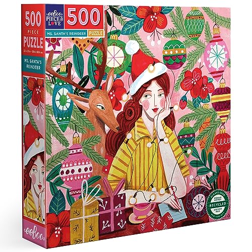 eeBoo Piece & Love: Ms. Santa's Rentier – 500-teiliges Puzzle – quadratisches Puzzle für Erwachsene, 23 x 23 cm, glänzende Teile, Weihnachtsfeiertags-Thema von eeBoo