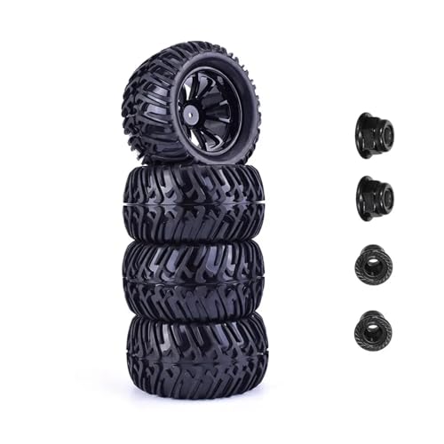 eejinwen 4 Stück 125 mm Gummireifen und Felgen 12 mm Sechskant mit 4 mm Nylon-Kontermuttern for 1/10 RC Monster Truck for Trxs for Hi-Moto for HSP for HPI(DLT005-1) von eejinwen