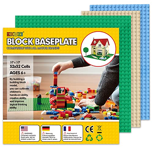 ekuzi 3 Platten Classic Bauplatte Kompatibel mit Lego Classic, 1 grüne Platte (25 x 25cm) und 2 Stapelbare Grundplatte(25 x 12.5cm) zur Errichtung von Türmen und mehrstöckigen Gebäuden von ekuzi