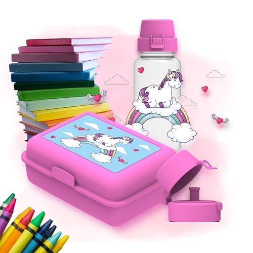elasto PROMOTION FOR LIFE Schulset 'Kids' - Trinkflasche & Brotdose für Kinder - Auslaufsichere Wasserflasche mit Motiv - Lunchbox mit Fächern für Schule & Kindergarten, Farbe:pink/transparent von elasto PROMOTION FOR LIFE