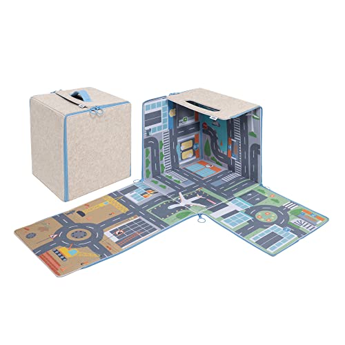 emma & noah Diolie Würfel, Aufbewahrungsbox 30x30x30 cm, Faltbarer Spielteppich mit Straßen, Robuster Filz, Straßenteppich für Kinderzimmer & Spielzimmer (Action) von emma & noah