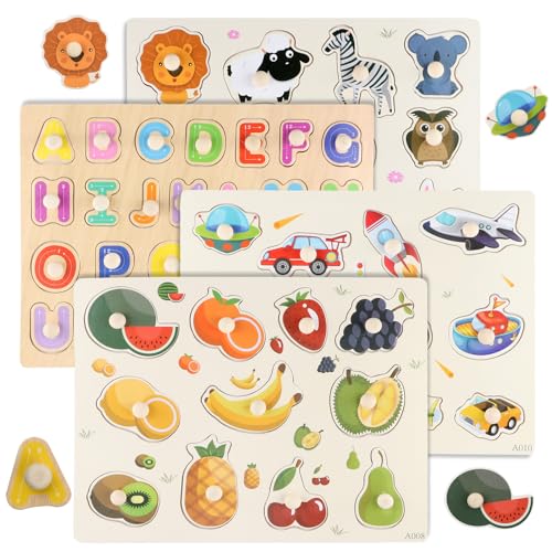 4er Set Kinder Holzpuzzle, Kleinkinder Spielzeug ab 2 3 Jahre, Lernspielzeug Kinderspielzeug 2 3 Jahre, Puzzle ab 3 Holzpuzzle, Steckpuzzle für Jungen und Mädchen（Tier Alphabet Transport Frucht） von emperoch