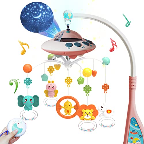 eners Baby Mobile Babybett mit Musik und Lichtern, Bett Mobile Baby Mädchen Junge mit Fernbedienung, Spieluhr Baby Mobile für Bett，Stern und Mond Projektion, Baby Spielzeug 0 3 6 9 12 Monate (Rosa) von eners