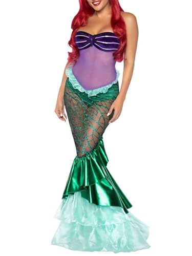 Damen Meerjungfrau Schwanz Kostüm Prinzessin Pailletten Rüschen Langer Schwanz Cosplay Kostüm Halloween Tube Tüll Mesh Fischschwanz Verkleidung, B-grün, 36 von ensswliz
