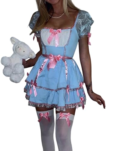 Dorothy-Kleid für Damen, Halloween-Kostüm, Puffärmel, Spitzensaum, rauchblau, kariert, Korsett-Minikleid, Märchen-Cosplay-Kleid, E-Blau, Größe L Dorothy-Kleid für Damen, Halloween-Kostüm, Puffärmel, Spitzensaum, rauchblau, kariert, Korsett-Minikleid, Märchen-Cosplay-Kleid, E-Blau, Größe L von ensswliz