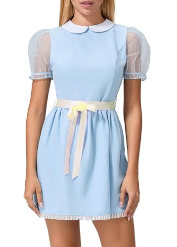 Dorothy-Kleid für Damen, Halloween-Kostüm, Puffärmel, Spitzensaum, rauchblau, kariert, Korsett-Minikleid, Märchen-Kostüm, Cosplay-Kleider (F-Hellgelb, M) von ensswliz