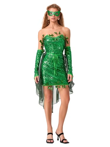 Halloween-Kostüm für Damen, Efeu, Deluxe, grüner Efeu, Cosplay, ärmellos, gefälschte Blätter, Paillettenkleid mit Handschuhen, Set, Feen-Cosplay-Kostüm (D-Grün, L) von ensswliz