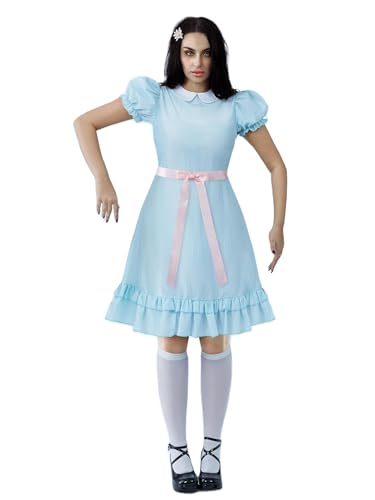 Halloween-Kostüm für Damen und Mädchen, Peter-Pan-Kragen, Puffärmel, kurzes Kleid, Dienstmädchen-Lolita-Kleid mit Gürtel (A-Blau, S) von ensswliz