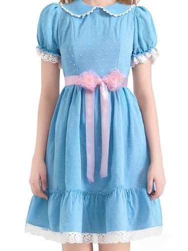 Halloween-Kostüm für Damen und Mädchen, Peter-Pan-Kragen, Puffärmel, kurzes Kleid, Dienstmädchen-Lolita-Kleid mit Gürtel (B-Sky Blue, XS) von ensswliz