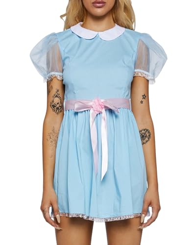 Halloween-Kostüm für Damen und Mädchen, blau, kurz, durchsichtig, Netzstoff, Puffärmel, Puppenkragen, Lolita-Kleid mit Gürtel, Party, Cosplay-Kostüm (A-Pink, S) von ensswliz