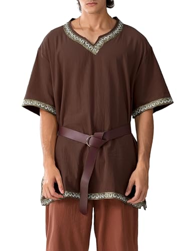 Herren Mittelalter Kostüm Renaissance Templer Tunika Wikinger Ritter Pirat Vintage Krieger Halloween Cosplay Party Tops ohne Gürtel (A-Dunkelbraun, M) von ensswliz