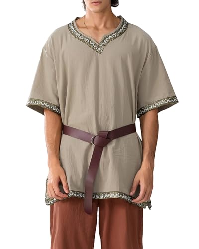 Herren Mittelalter Kostüm Renaissance Templer Tunika Wikinger Ritter Pirat Vintage Krieger Halloween Cosplay Party Tops ohne Gürtel (A-Khaki, M) von ensswliz
