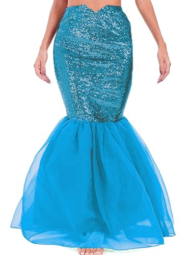 Meerjungfrauen-Rock für Damen, Kostüm, Halloween, Cosplay, ausgefallene Pailletten, langer Schwanz, Fischschwanz-Rock mit asymmetrischem Netzeinsatz (E-Blue, M) von ensswliz